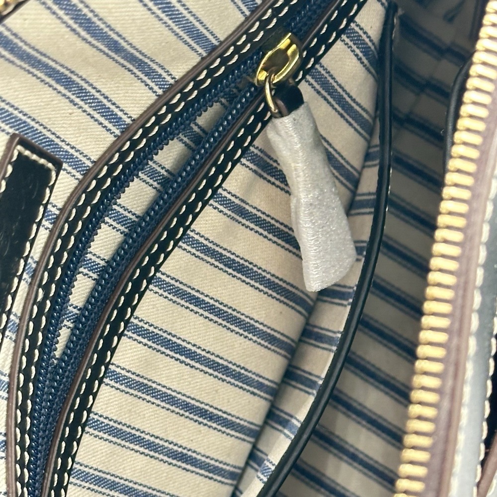 Dooney Bourke Beacon Black Brown Smooth Leather Woven Embossed Domed Satchel Bag - Picture 12 of 16